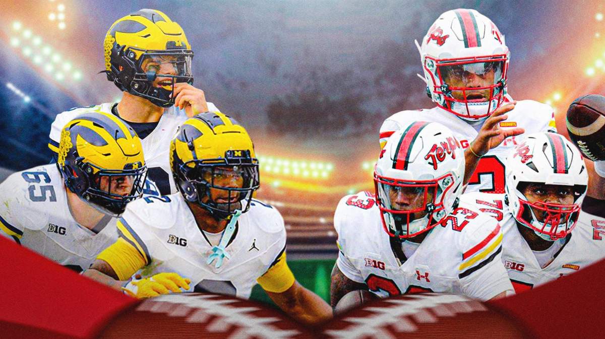 Michigan football players on the left, Maryland football players on the right, in the foreground.