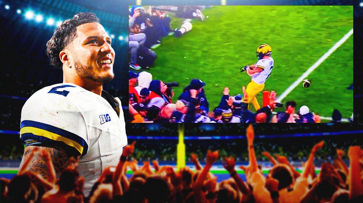 Screenshot in the upper left hand corner of Blake Corum pointing to his wrist in the attached video. Have Blake Corum laughing in the picture. Have Manny Diaz next to him