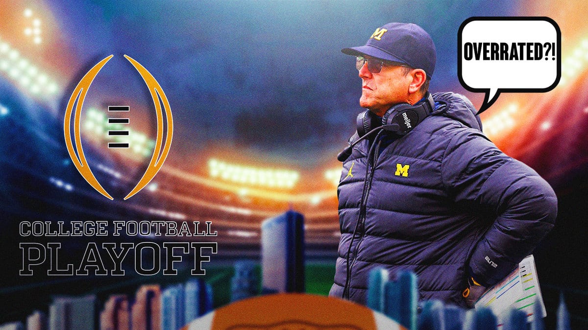 Michigan football coach Jim Harbaugh saying "Overrated" with the College Football Playoff logo in the background