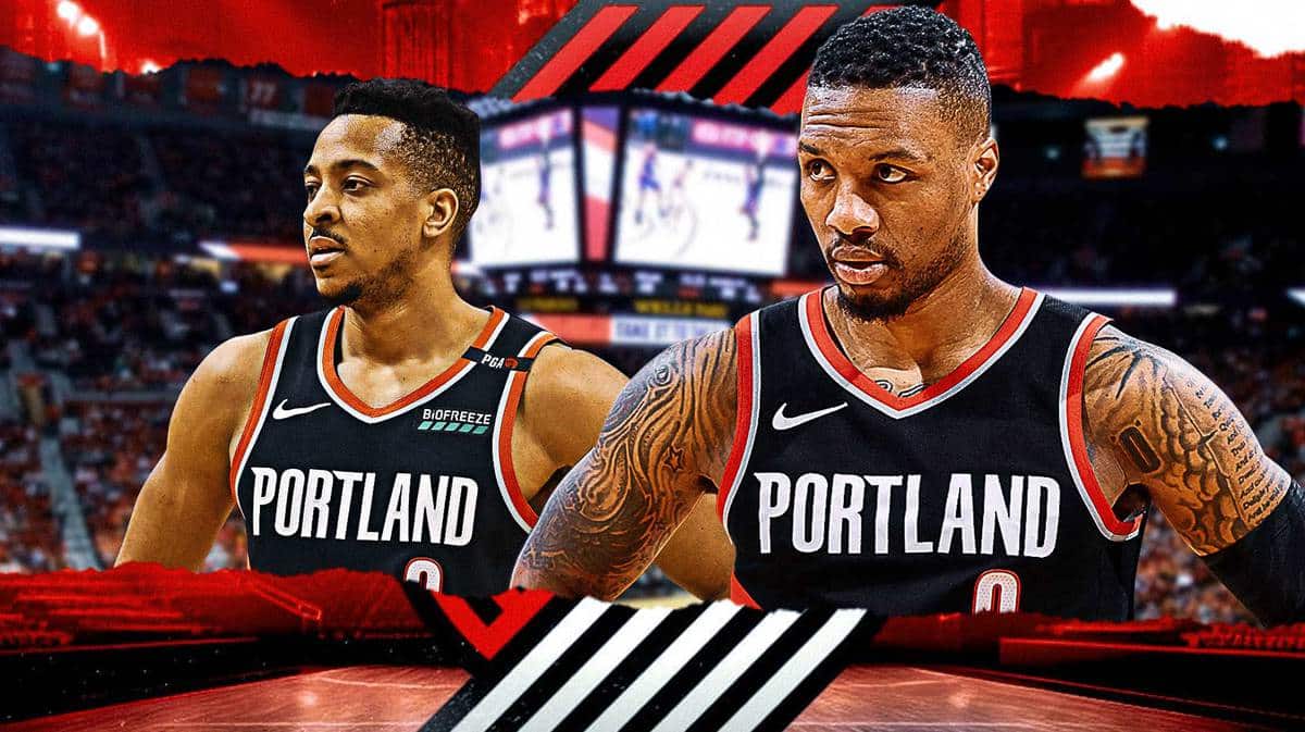 Pelicans CJ McCollum and Bucks Damian Lillard in Blazers jerseys