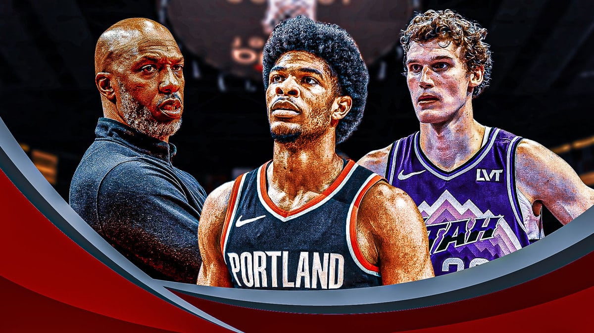 Blazers Scoot Henderson and Chauncey Billups with Jazz Lauri Markkanen