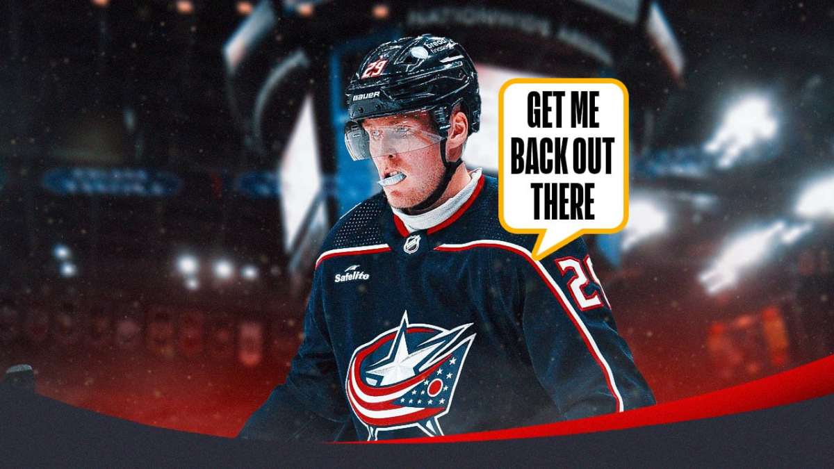 Patrik Laine in Blue Jackets jersey saying “Get me back out there”