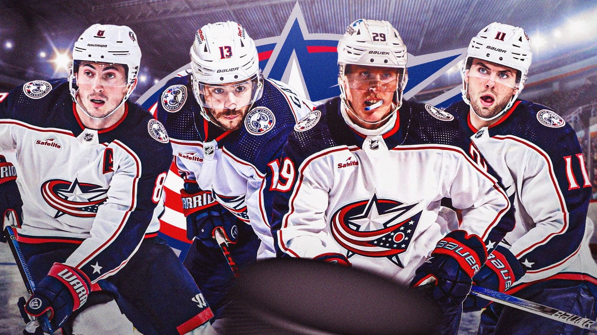 Johnny Gaudreau, Zach Werenski, Adam Fantilli and Patrik Laine in image, hockey rink in background, Columbus Blue Jackets logo