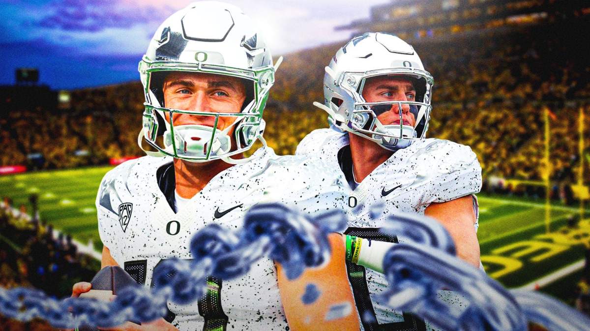 Oregon football, Utah football, Ducks, Utes, Bo Nix, Bo Nix (in Oregon uni) with Oregon football stadium in the background