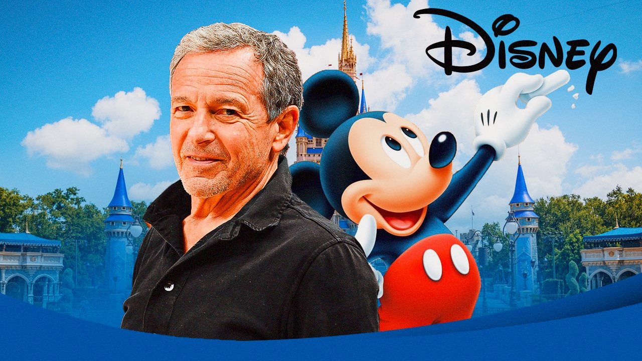 Bob Iger with Disneyland in background and Mickey Mouse.