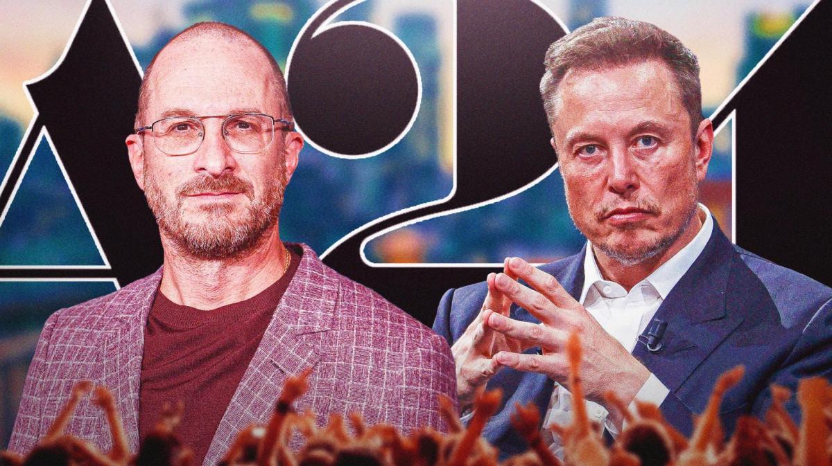 Darren Aronofsky and Elon Musk in front of A24 logo.