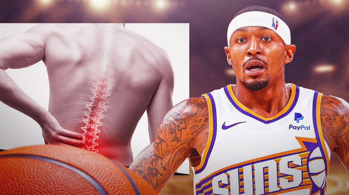 Suns' Bradley Beal looking frustrated, with a picture of a diagram of someone with back injury on the side