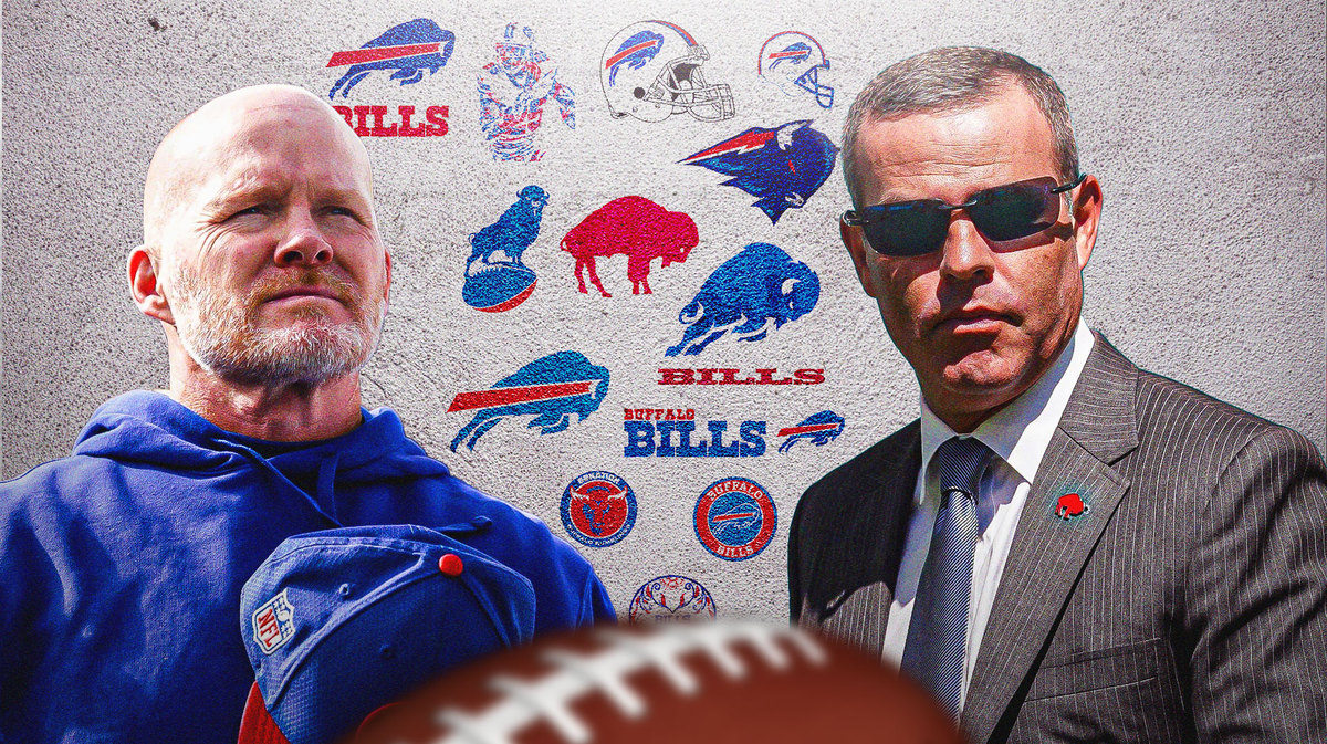 Brandon Beane and Sean McDermott with a collage of Bills logos