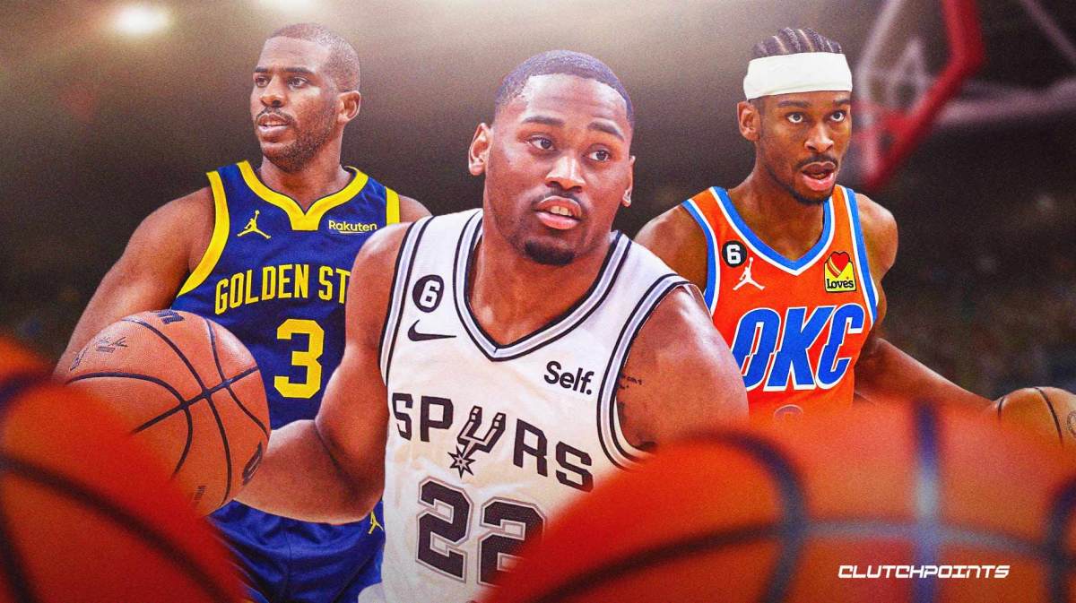 Spurs' Malaki Branham in front. Warriors' Chris Paul, Thunder’s Shai Gilgeous-Alexander in background.