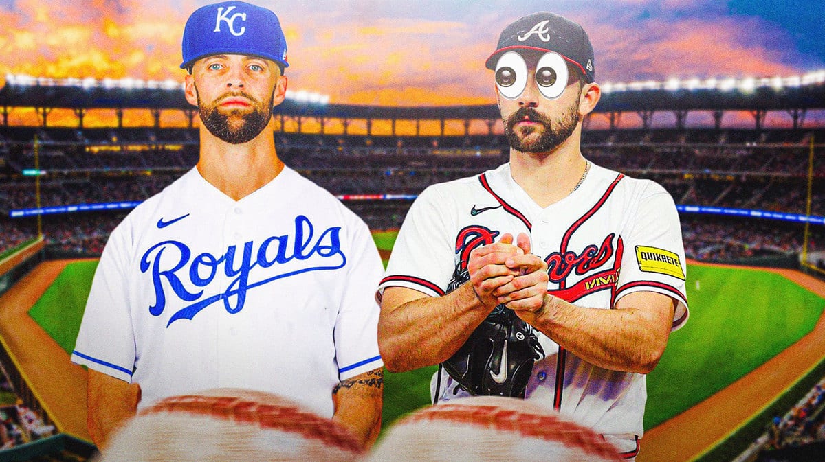Nick Anderson in a Royals uniform. Braves' Spencer Strider in background with eyes popping out please.