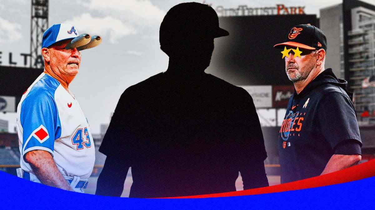 Atlanta Braves manager Brian Snitker, silhouette of Sam Hillard, and Baltimore Orioles manager Brandon Hyde