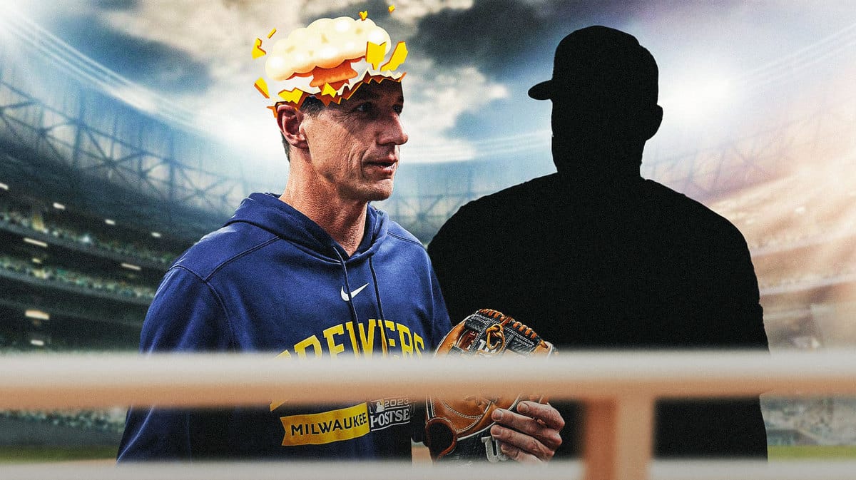 Craig Counsell with mind-blown head. Silhouette of Brewers' Pat Murphy in the background