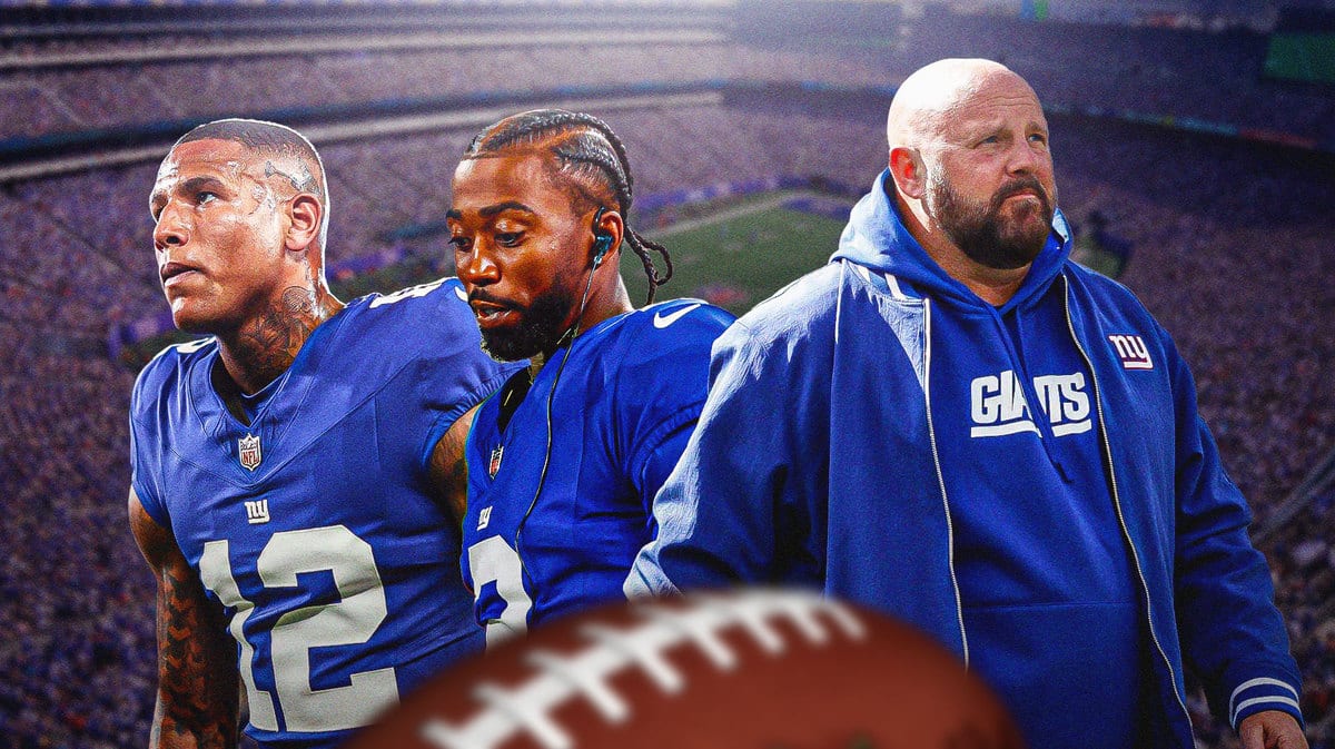 Brian Daboll in Giants gear worried, with Darren Waller and Tyrod Taylor next to him in Giants uniform