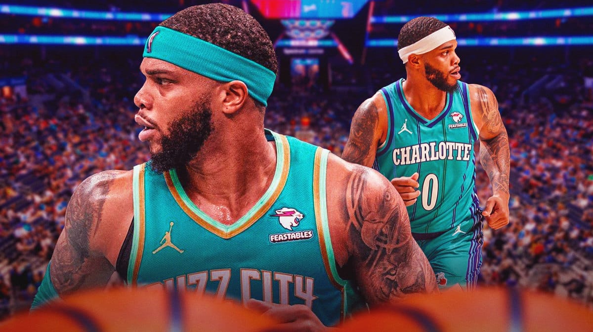 Miles Bridges with the Hornets arena in the background
