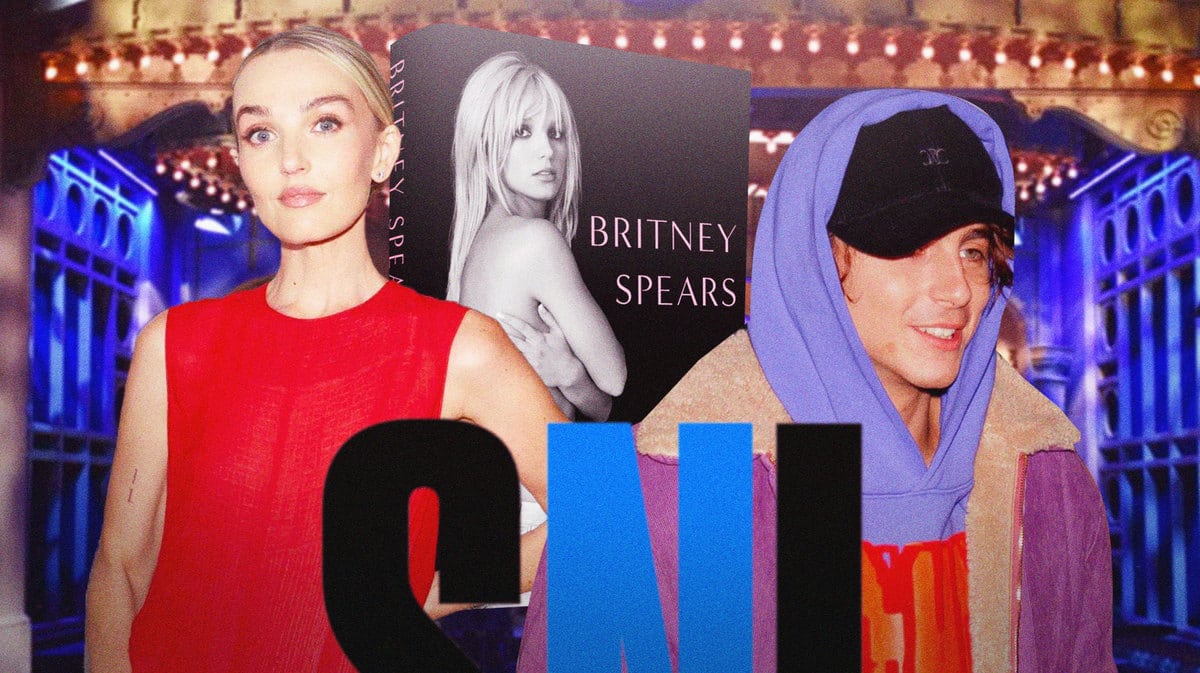 Saturday Night Live (SNL) stage and logo with Chloe Fineman and Timothée Chalamet and Britney Spears memoir, The Woman in Me.