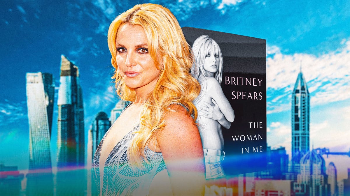 Britney Spears with her book "The Woman In Me" behind her