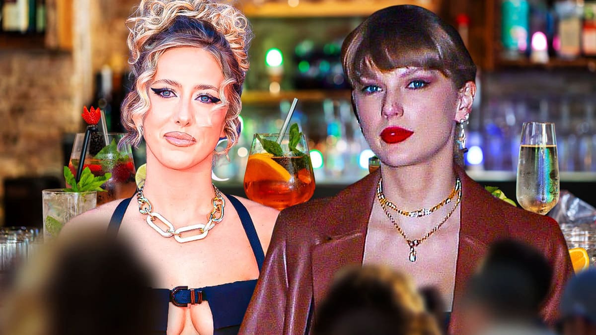 Brittany Mahomes and Taylor Swift with cocktails in the background