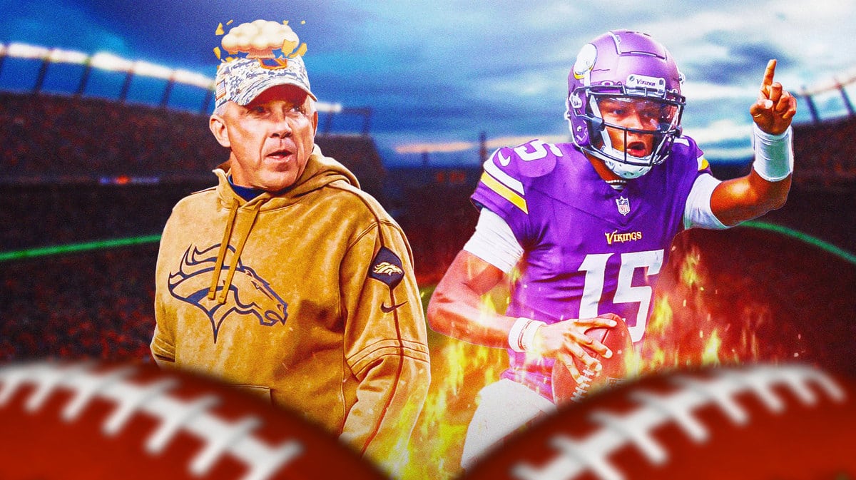 Broncos head coach Sean Payton with mind blown effect, ACTION SHOT of Joshua Dobbs of the Vikings on fire