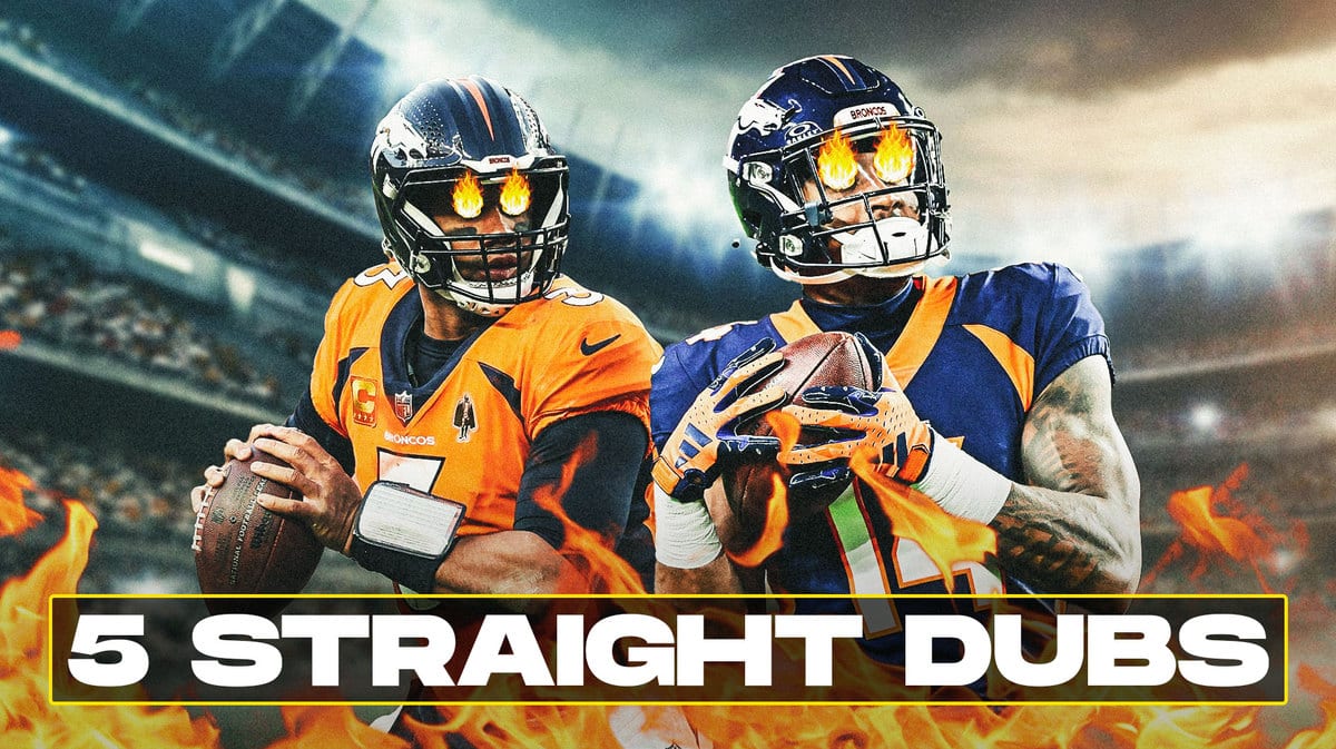 Courtland Sutton and Russell Wilson on fire, with the text “5 STRAIGHT DUBS”