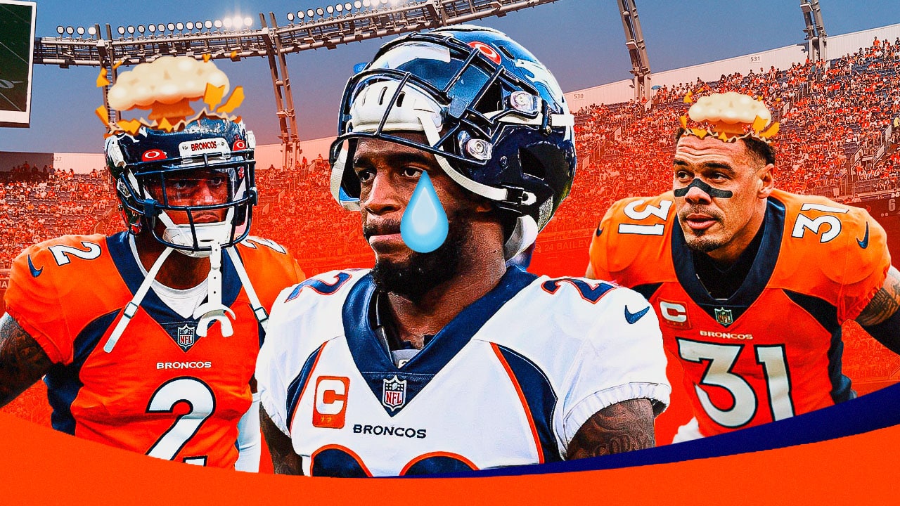 Broncos' Kareem Jackson with animated tears. Patrick Surtain II, Justin Simmons with mind-blown heads