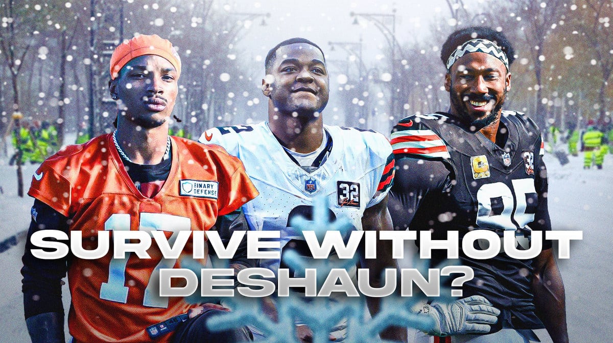 Dorian Thompson-Robinson, Amari Cooper, Myles Garrett all beside each other with a blizzard in the background.