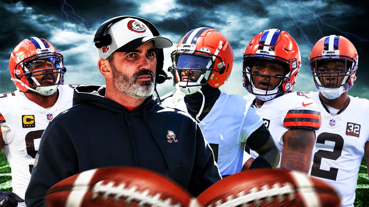 Deshaun Watson, Coach Kevin Stefanski, Myles Garrett, Amari Cooper, Denzel Ward all with tear emojis 💧 and with crying Cleveland Browns fans in the background.