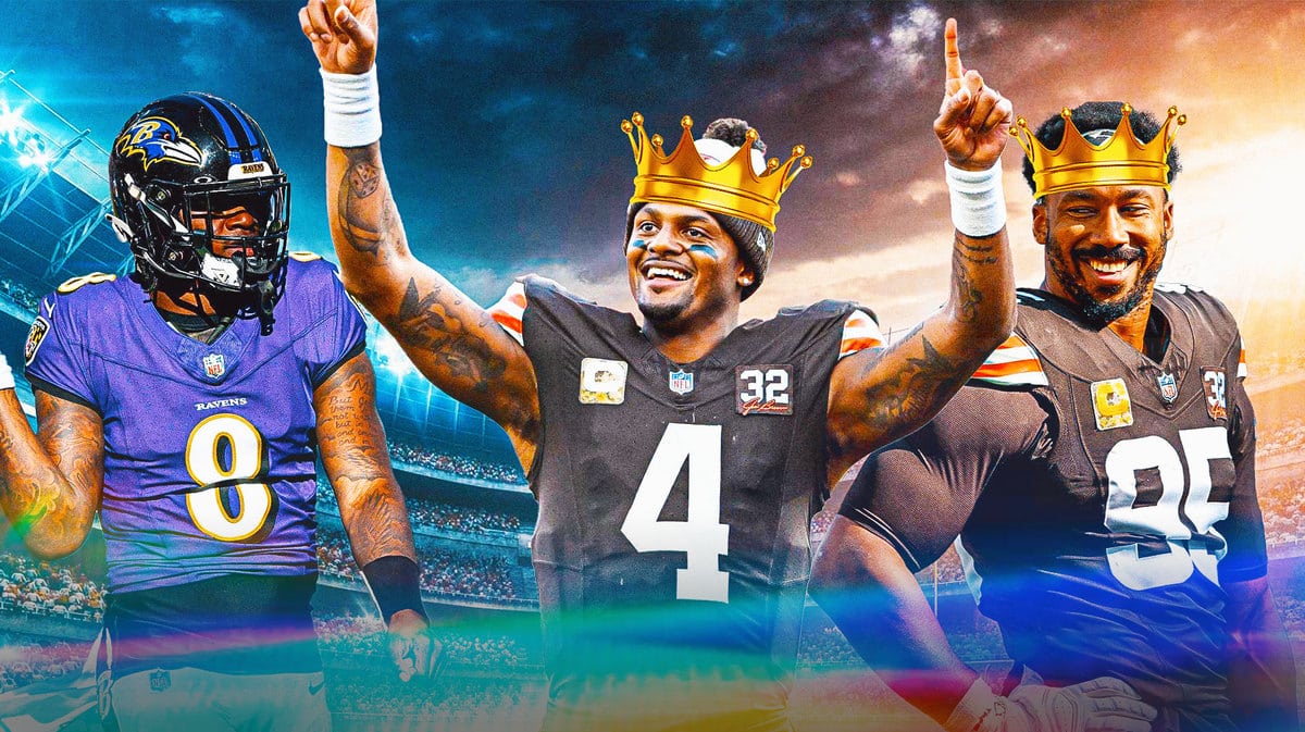 Browns' Myles Garrett and Deshaun Watson with crowns, Ravens QB Lamar Jackson sad