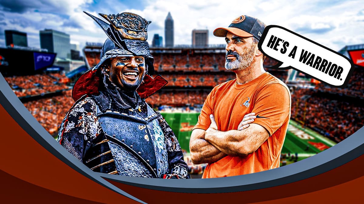 Deshaun Watson dressed as a samurai standing next to Kevin Stefanski