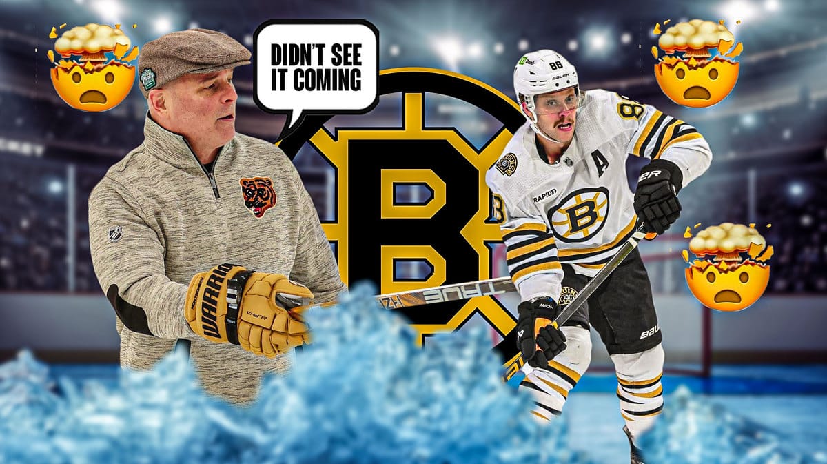 David Pastrnak in middle of image with just a few mind blown emojis, Jim Montgomery in image with speech bubble: “Didn’t see it coming”, BOS Bruins logo, hockey rink in background