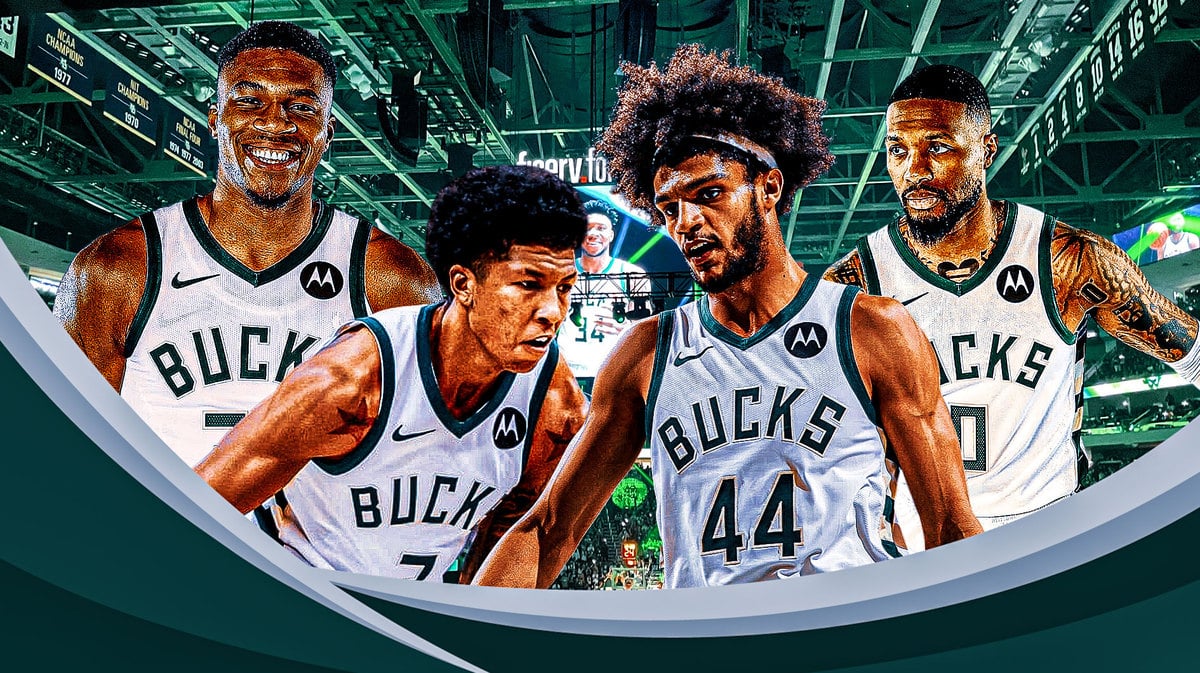 Damian Lillard and Giannis Antetokounmpo smiling while looking at Bucks' Andre Jackson Jr. and MarJon Beauchamp
