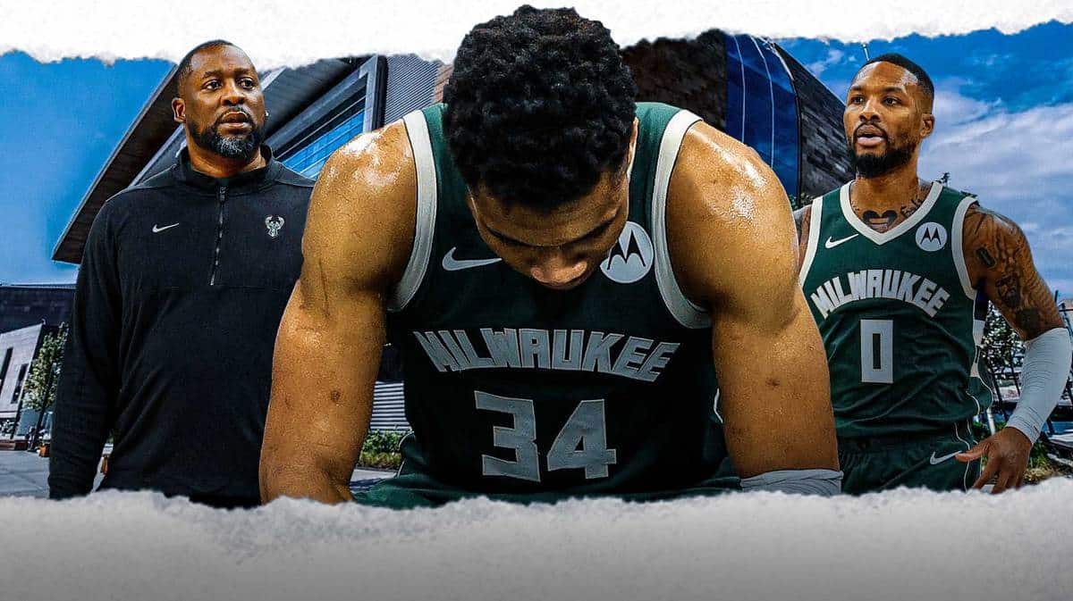 Bucks' Giannis Antetokounmpo looking frustrated, with head coach Adrian Griffin and Damian Lillard looking at Giannis seriously