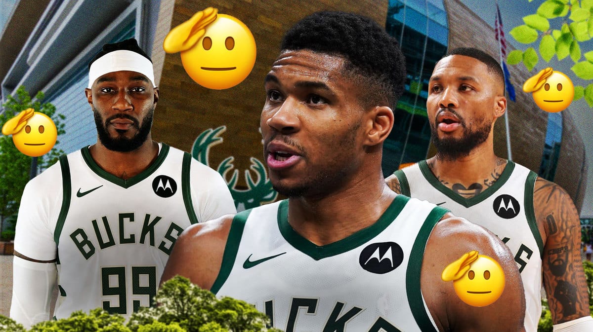 Bucks' Jae Crowder looking sad, with Giannis Antetokounmpo and Damian Lillard looking serious with salute emojis all over them