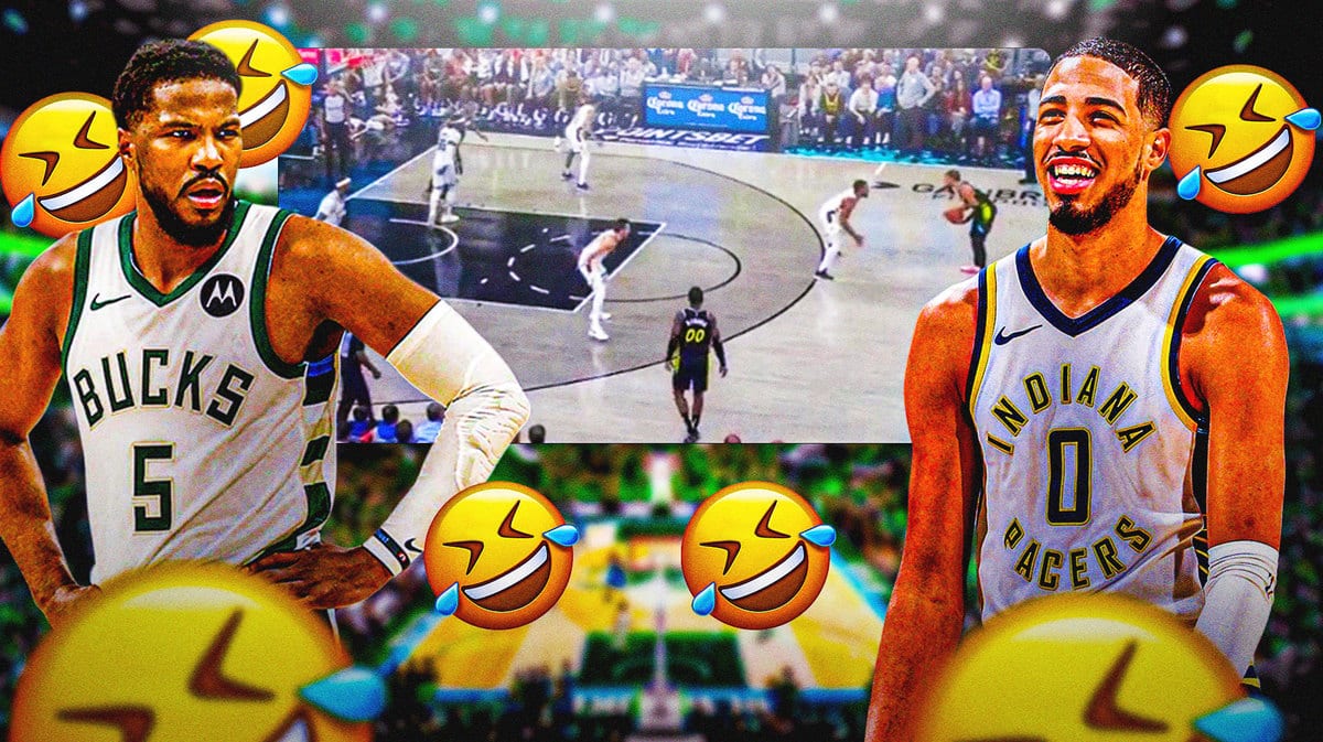 Bucks' Malik Beasley looking angry, with a screenshot of Beasley just standing from the tweet below, with Pacers' Tyrese Haliburton laughing with rofl emojis around him