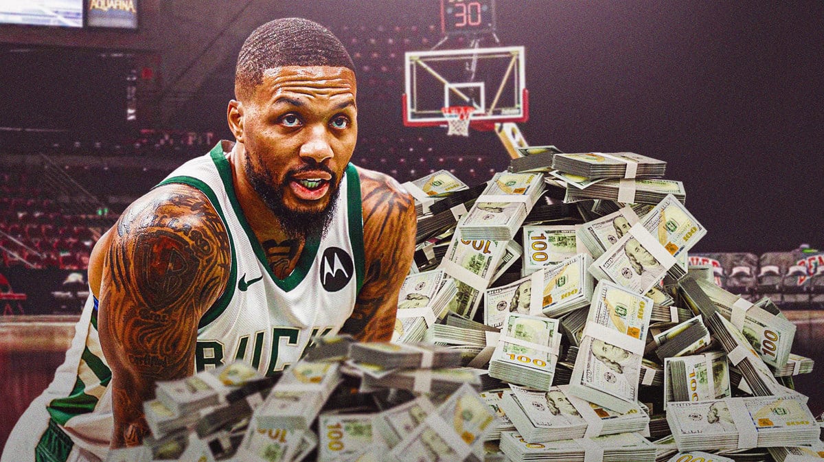 Bucks guard Damian Lillard surround by NBA In-Season Tournament prize money