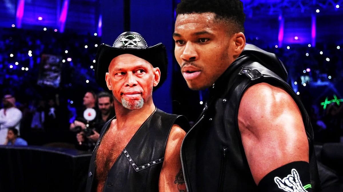 Kareem Abdul Jabbar as the guy on the left and looking at Bucks' Giannis Antetokounmpo (guy on right)