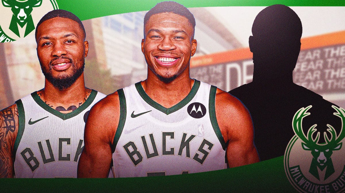 Bucks Giannis Antetokounmpo and Damian Lillard with a sillhouhette player