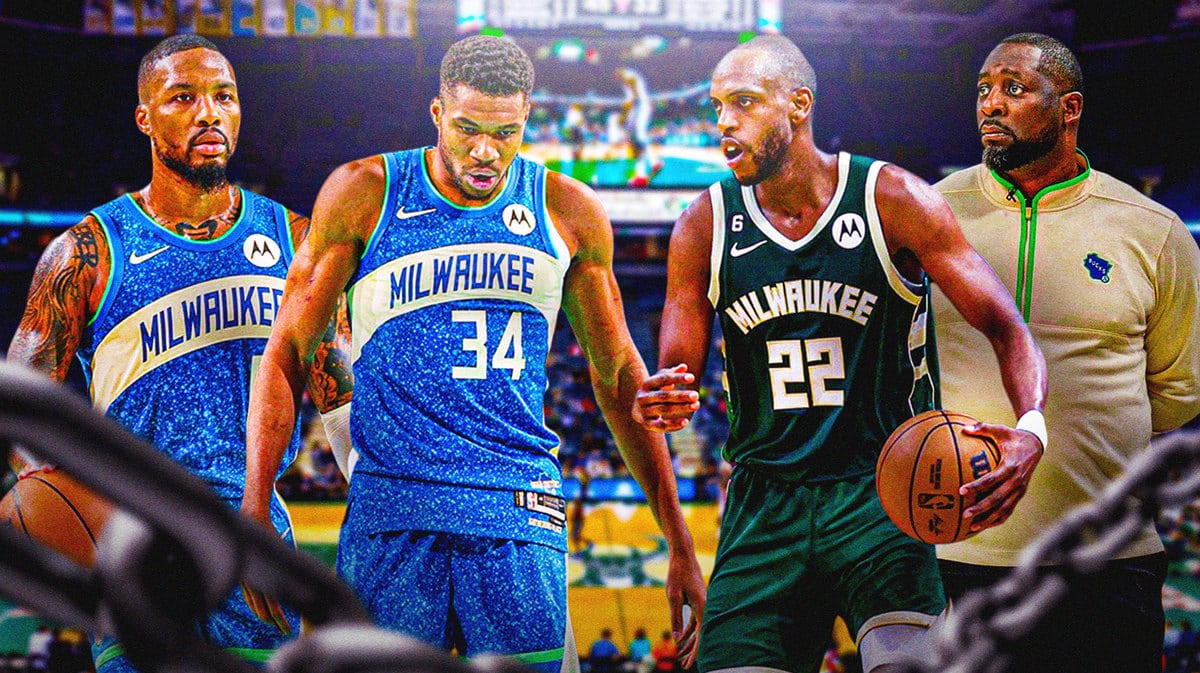 Bucks' Giannis Antetokounmpo, Damian Lillard, Khris Middleton and Adrian Griffin