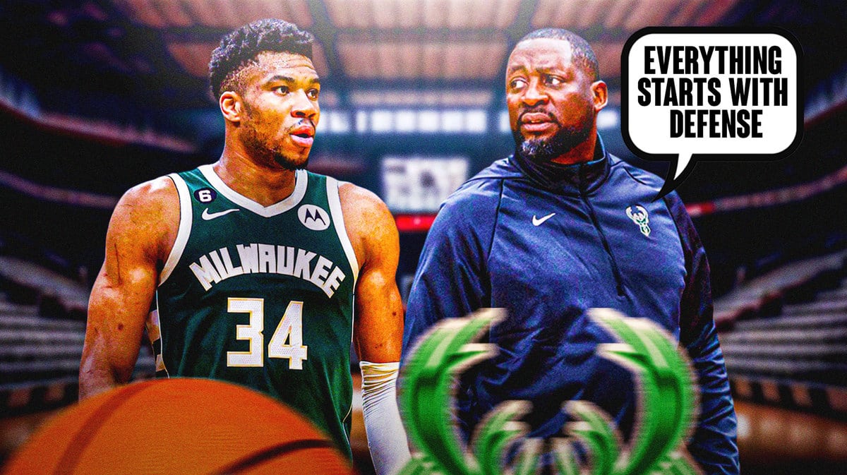 Bucks' Giannis Antetokounmpo with Adrian Griffin saying "Everything starts with defense"