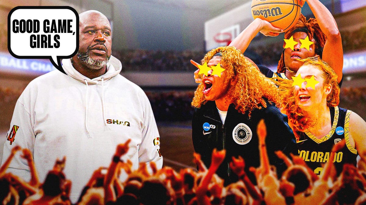Shaquille O’Neal on one side of the image with a text bubble saying “Good game, girls” and on the other side of the image, players from the Colorado women’s basketball team with the star emojis in their eyes