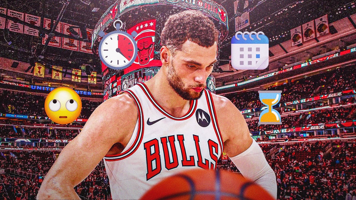 Bulls' Zach LaVine looking frustrated with eye-roll emojis, hourglasses and stopwatches and calendars all over him