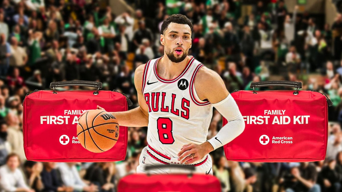 Zach LaVine in action in Bulls jersey with medical kit beside him