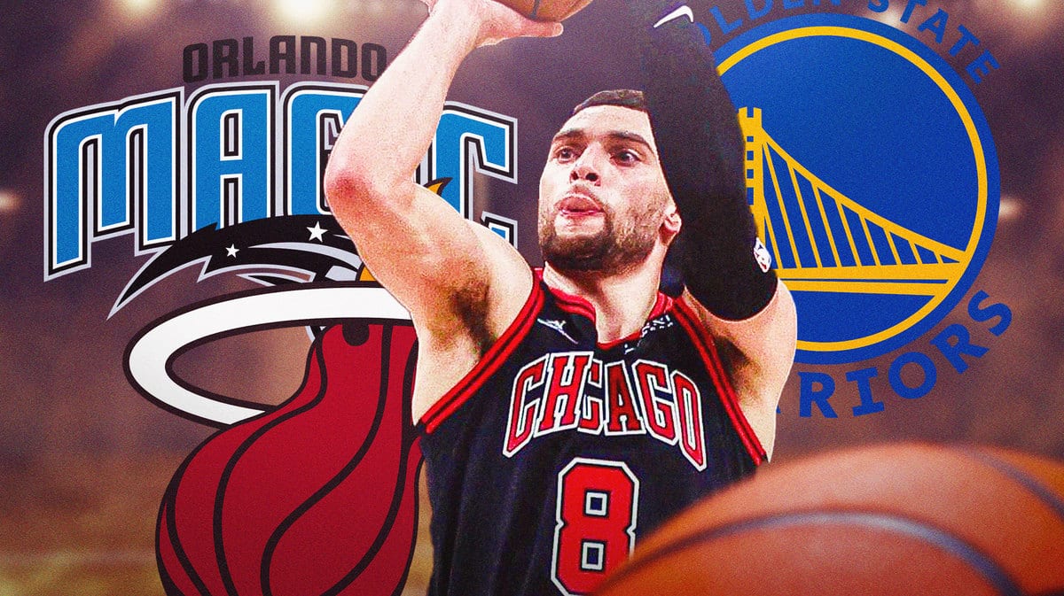 Zach LaVine in Bulls jersey in action, Orlando Magic, Warriors, and Heat logos behind him