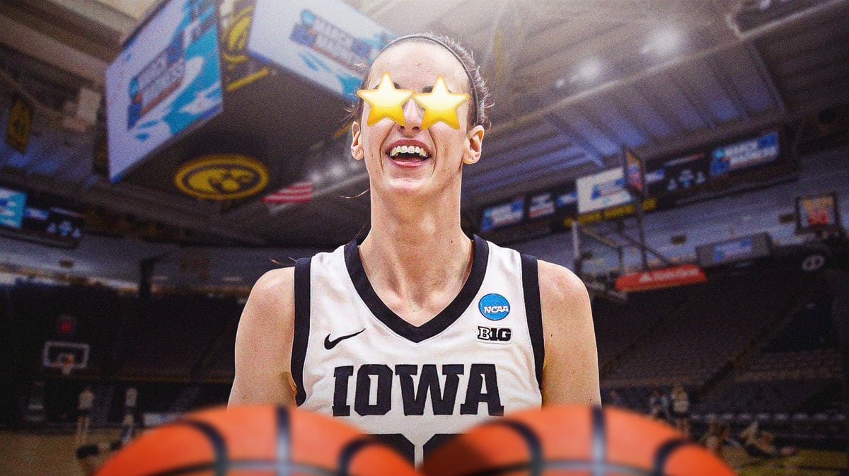 Iowa women’s baskball player Caitlin Clark in her Iowa jersey in the center of the image, with the wow/starry-eyed emoji surrounding her