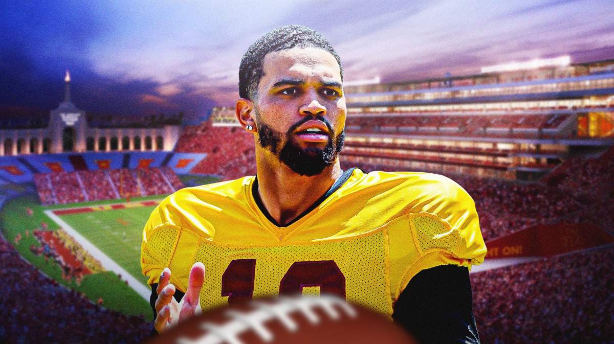 USC football, Trojans, UCLA football, Bruins, Caleb Williams, Caleb Williams in USC uni with USC football stadium in the background