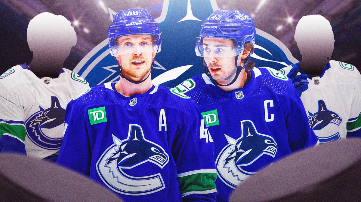 Elias Pettersson and Quinn Hughes in middle looking happy, two silhouetted Vancouver Canucks players on each side, VAN Canucks logo, hockey rink in background