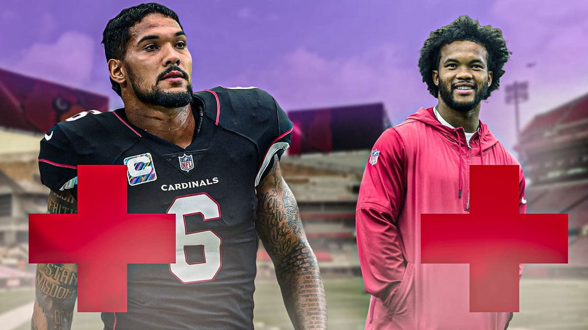Cardinals' James Conner and Kyler Murray smiling, with red medical cross beside Conner and Murray