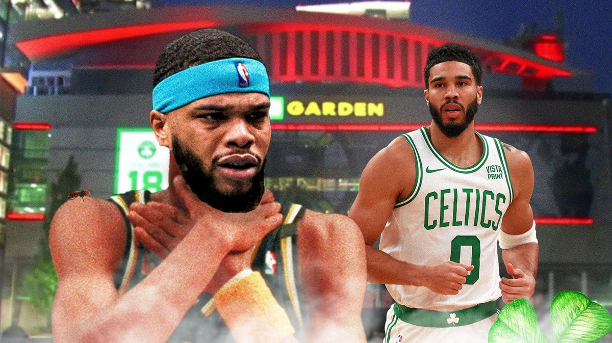 Hornets' Miles Bridges as Reggie Miller doing the choke sign, with Celtics' Jayson Tatum looking sad