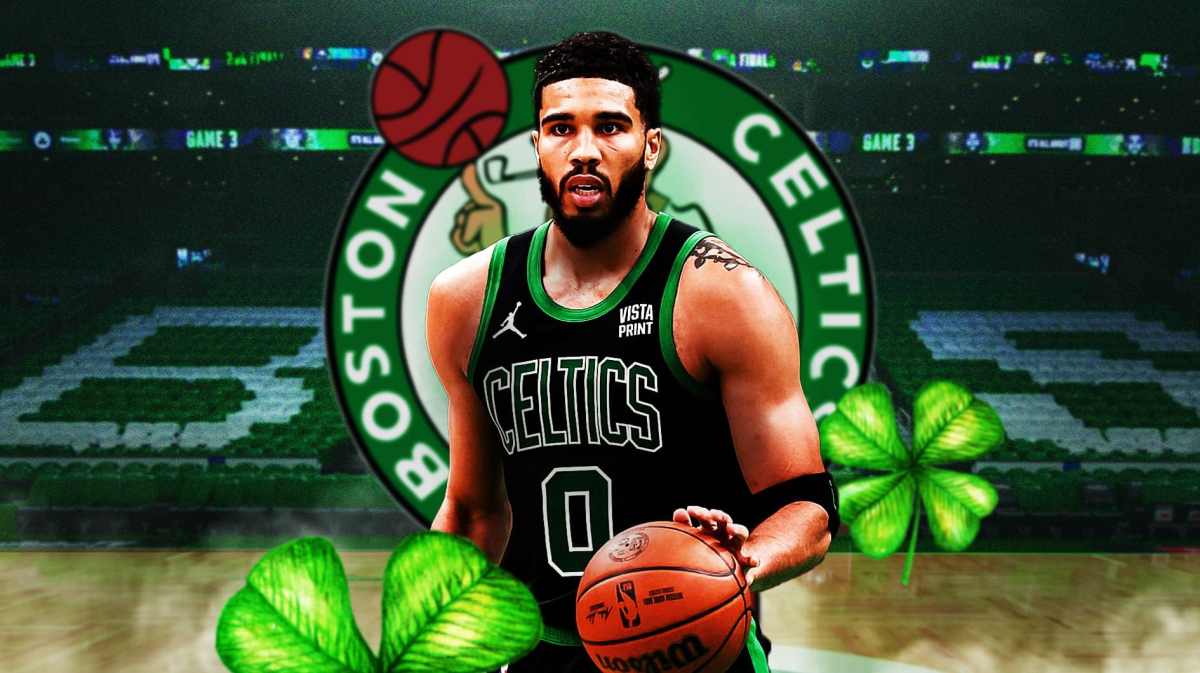 Jayson Tatum with the Celtics arena in the background