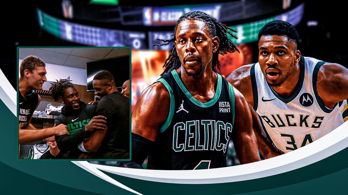 Jrue Holiday of the Celtics and Giannis Antetokounmpo of the Bucks