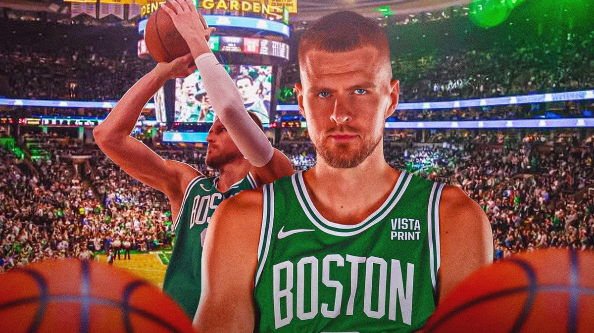 Celtics' Kristaps Porzingis shooting a basketball